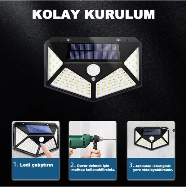 100 Led Dış Mekan Solar Aydınlatma Fotoselli Solar Lamba Hareket Sensörlü - Image 4