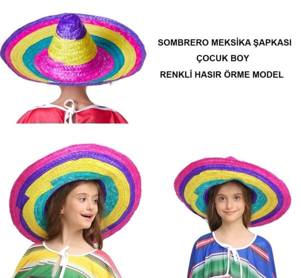 Sombrero Meksika Şapkası Renkli Örme Hasır Çocuk Boy - Image 5