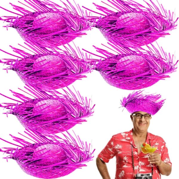 Tropikal Parti Pembe Fuşya Hasır Hawaii Şapkası 13x36 Cm - Image 2